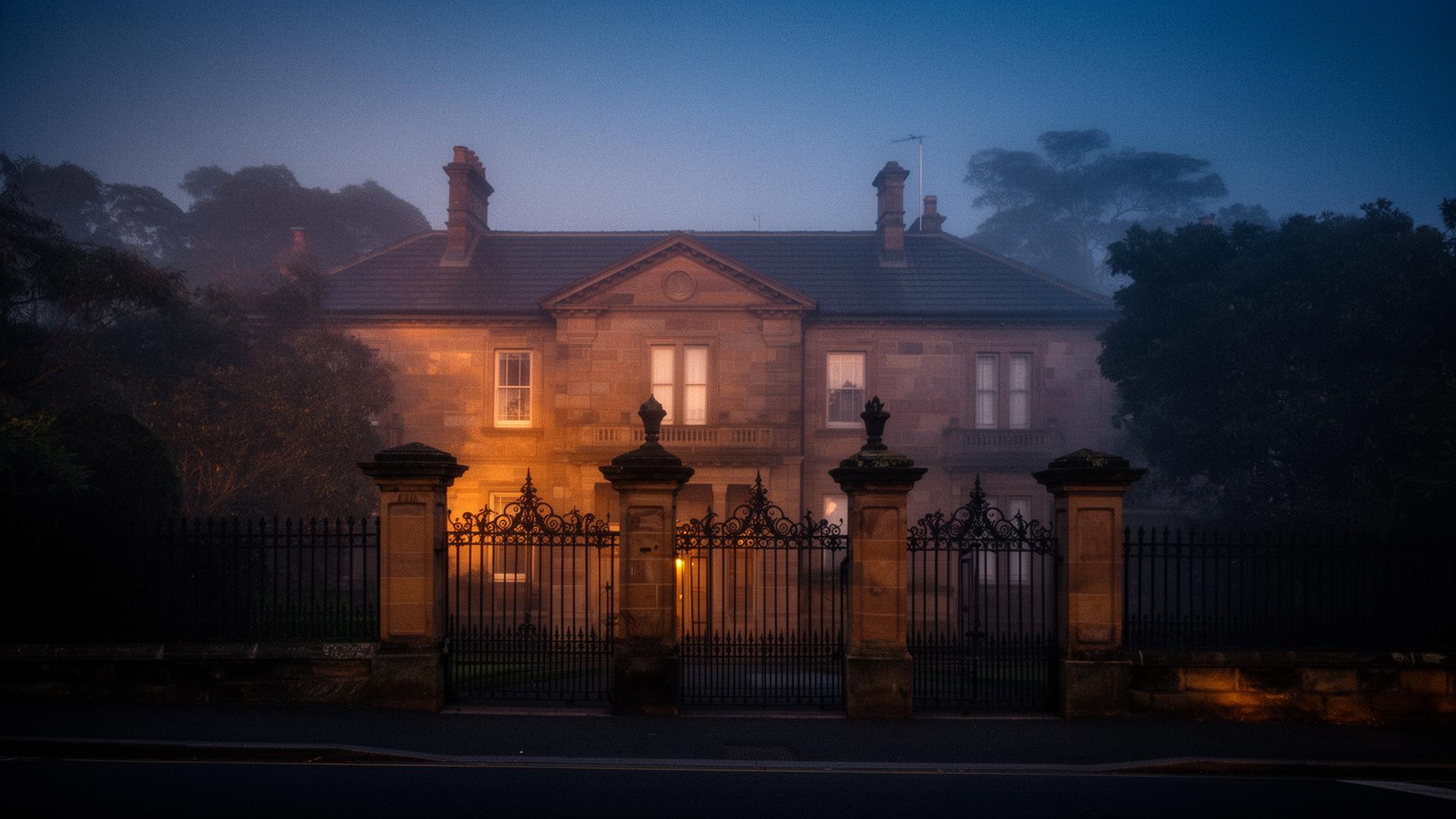 Historic sandstone building on Sydney's North Shore at dusk